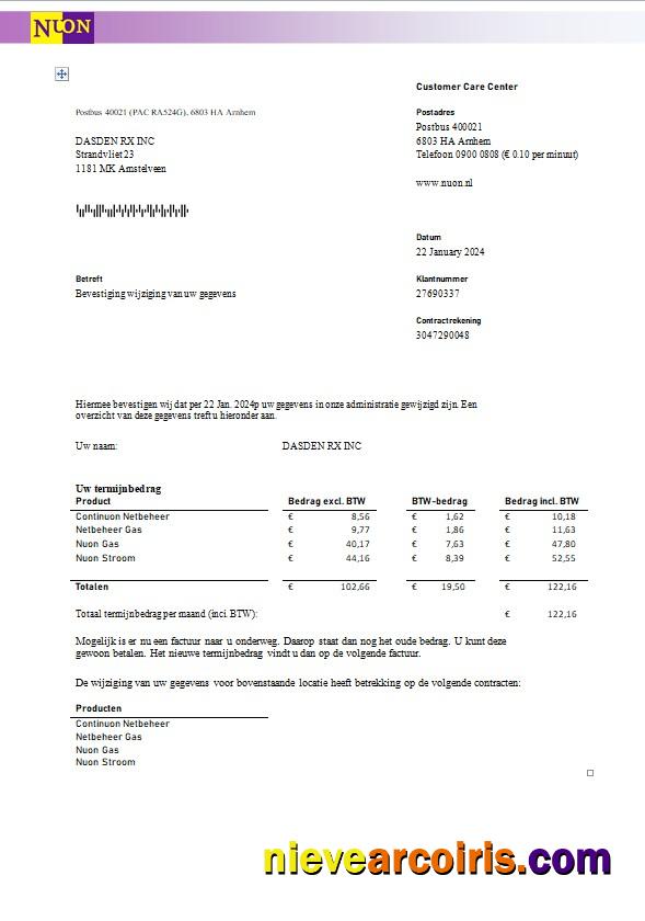 Netherlands NUON gas business utility bill in Dutch language